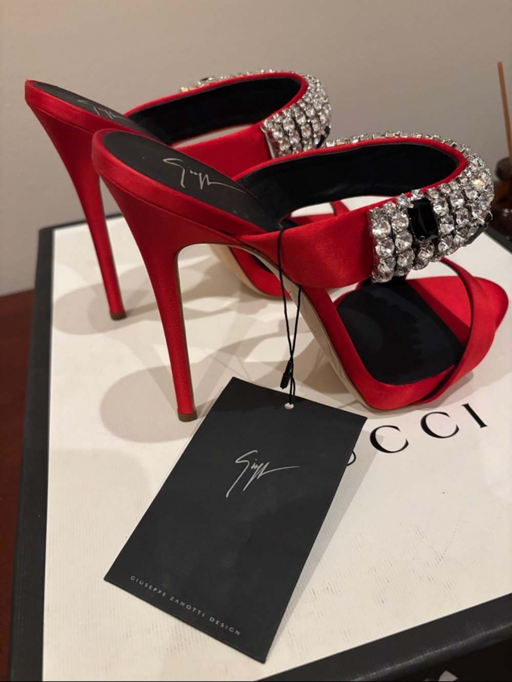 Giuseppe Zanotti Flame Red Satin high heel sandal mule with crystals sz.8 - Picture 10 of 17